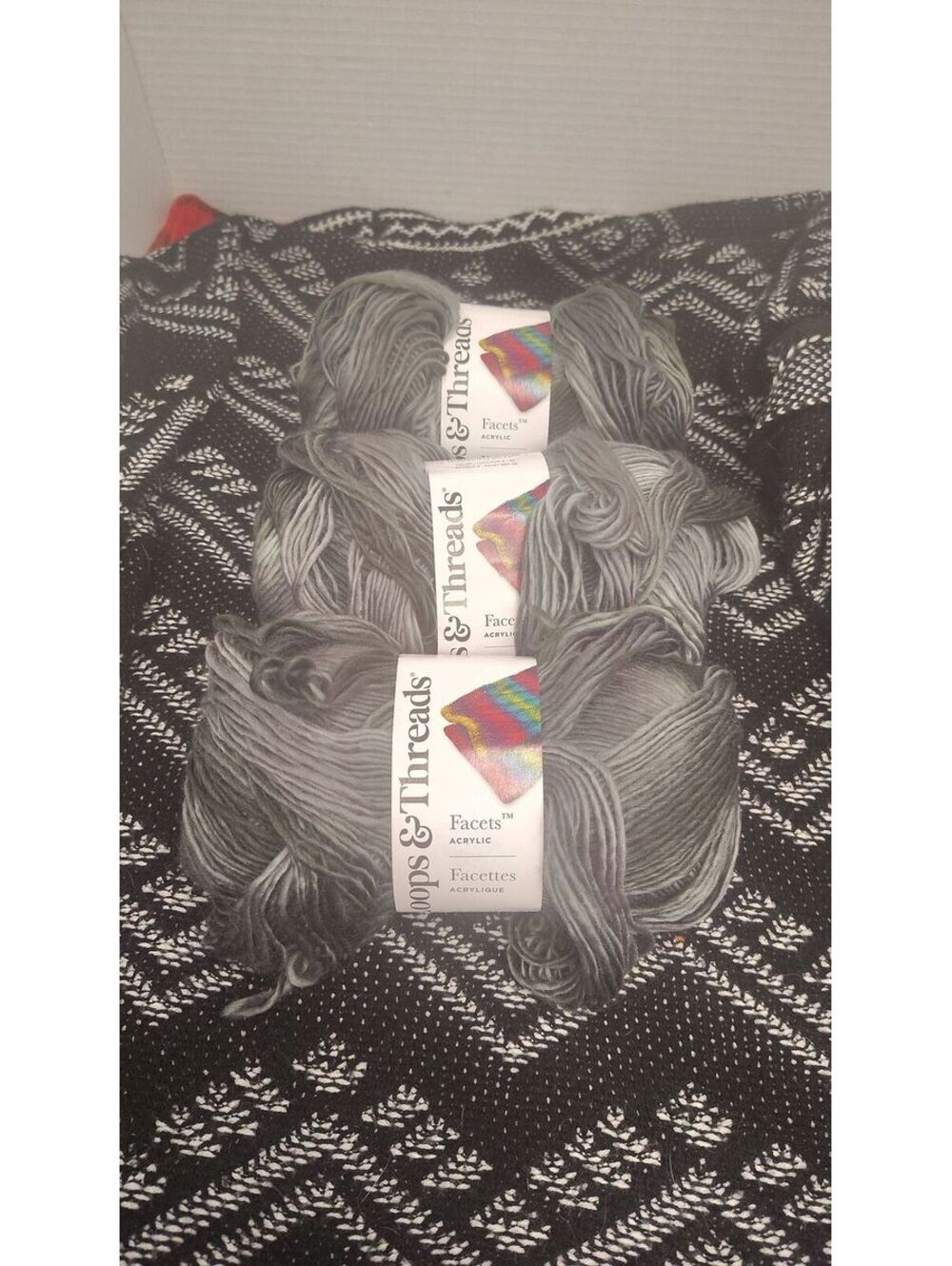 Loops & Threads Facets Yarn Gray Grey Lot of 3 Medium 4 Acrylic 837 Yards